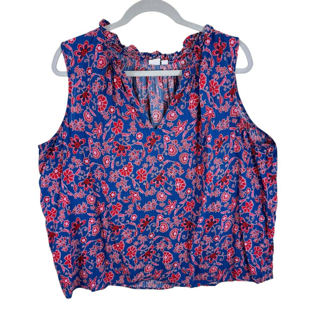 GAP Cotton Blend Blue Red Floral Sleeveless Split Neck Lightweight Blouse Sz XXL